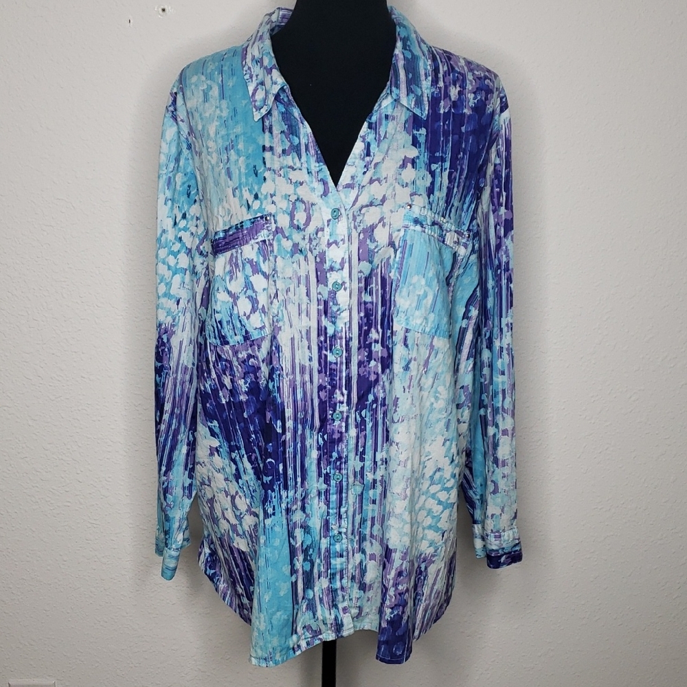 Catherines 100% Cotton Tie Dye Button Up Utility Tunic Shirt Size 2X Bohemian